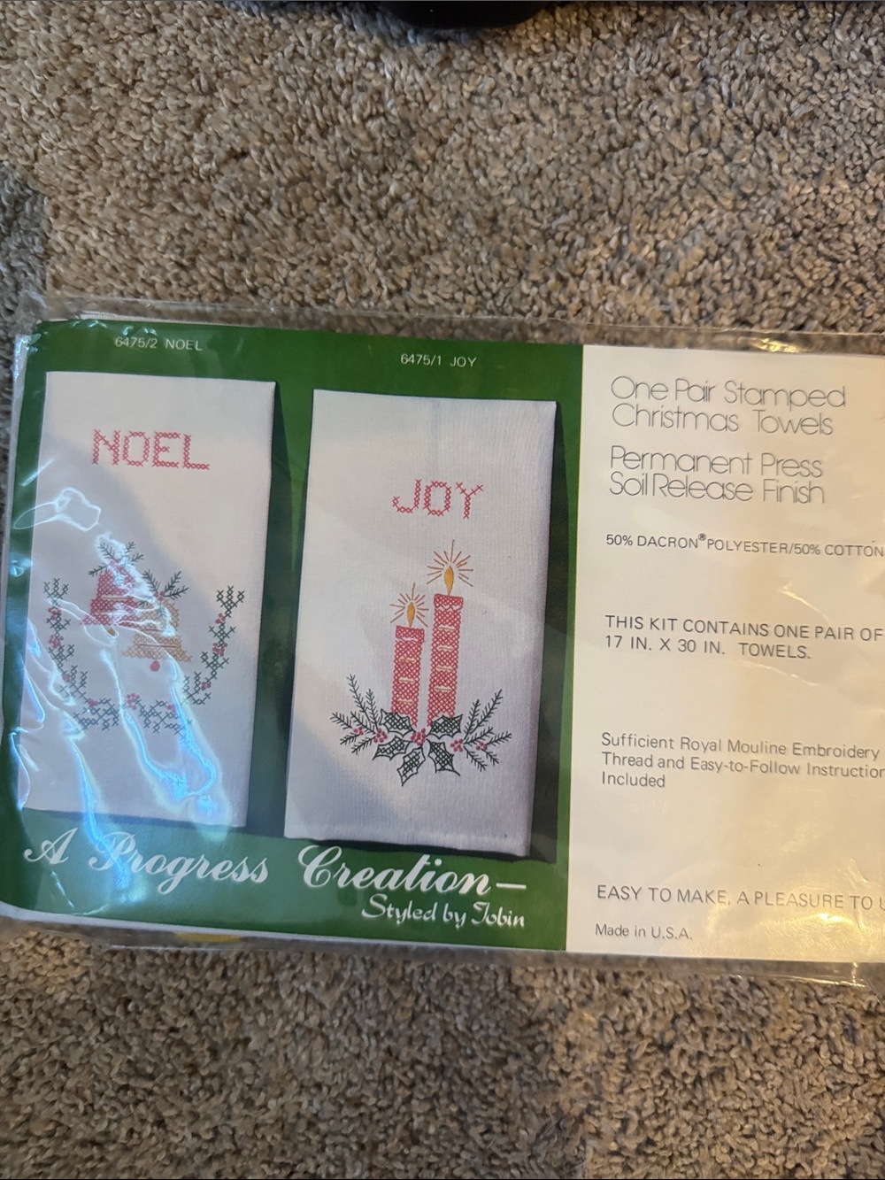 Stamped Christmas Towels Kit - White with Red and Green Designs cross stitch